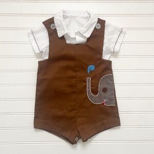 HANDMADE EUC 1 of a Kind Boys Elephant Appliqué Romper & Shirt Heirloom Set